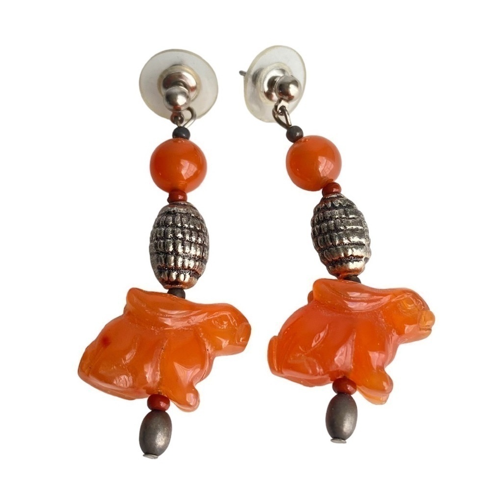 Vintage 90s Bunny Rabbit Earrings Orange Glass Silver Tone Handmade Beaded‎